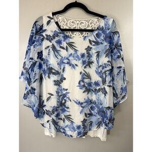 NWT   IN STUDIO Draped Blue Floral Top With Attached Cami & Crochet Back Size XL